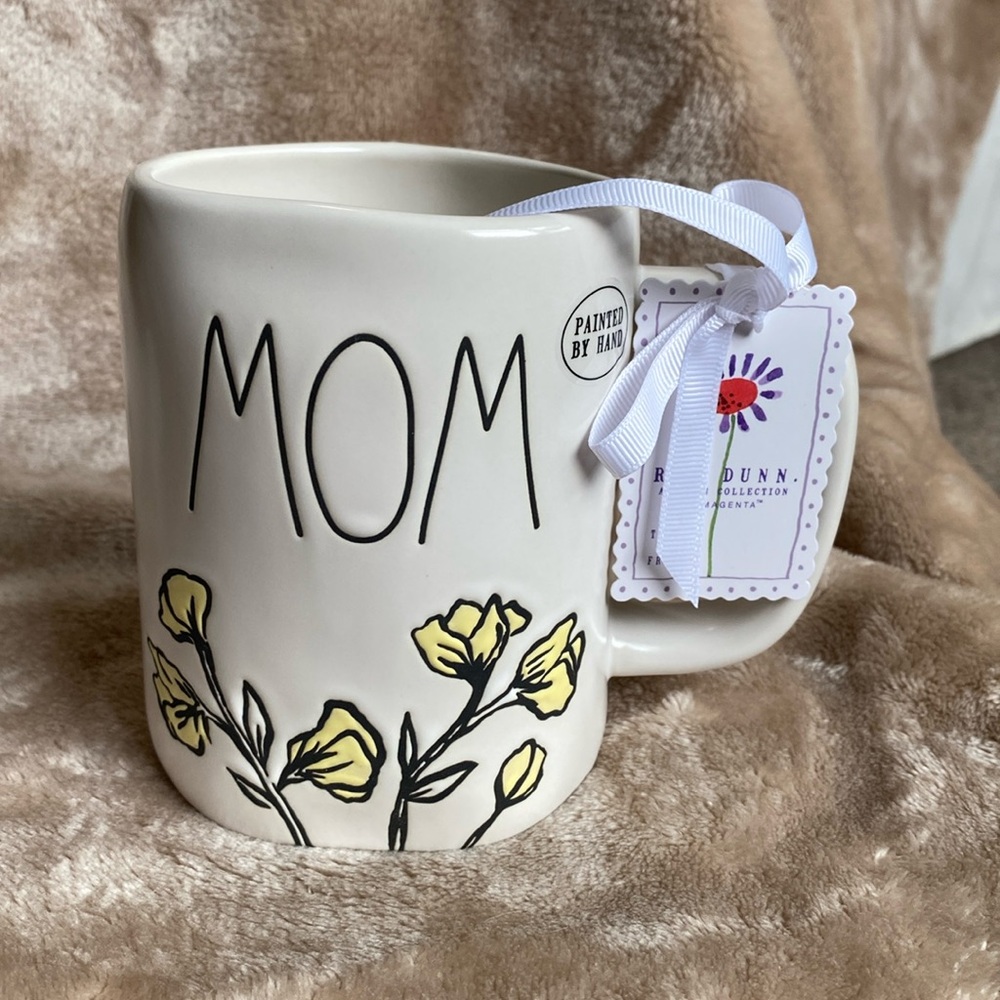Rae Dunn- Mom- Floral Mug in White and Yellow - Painted by Hand